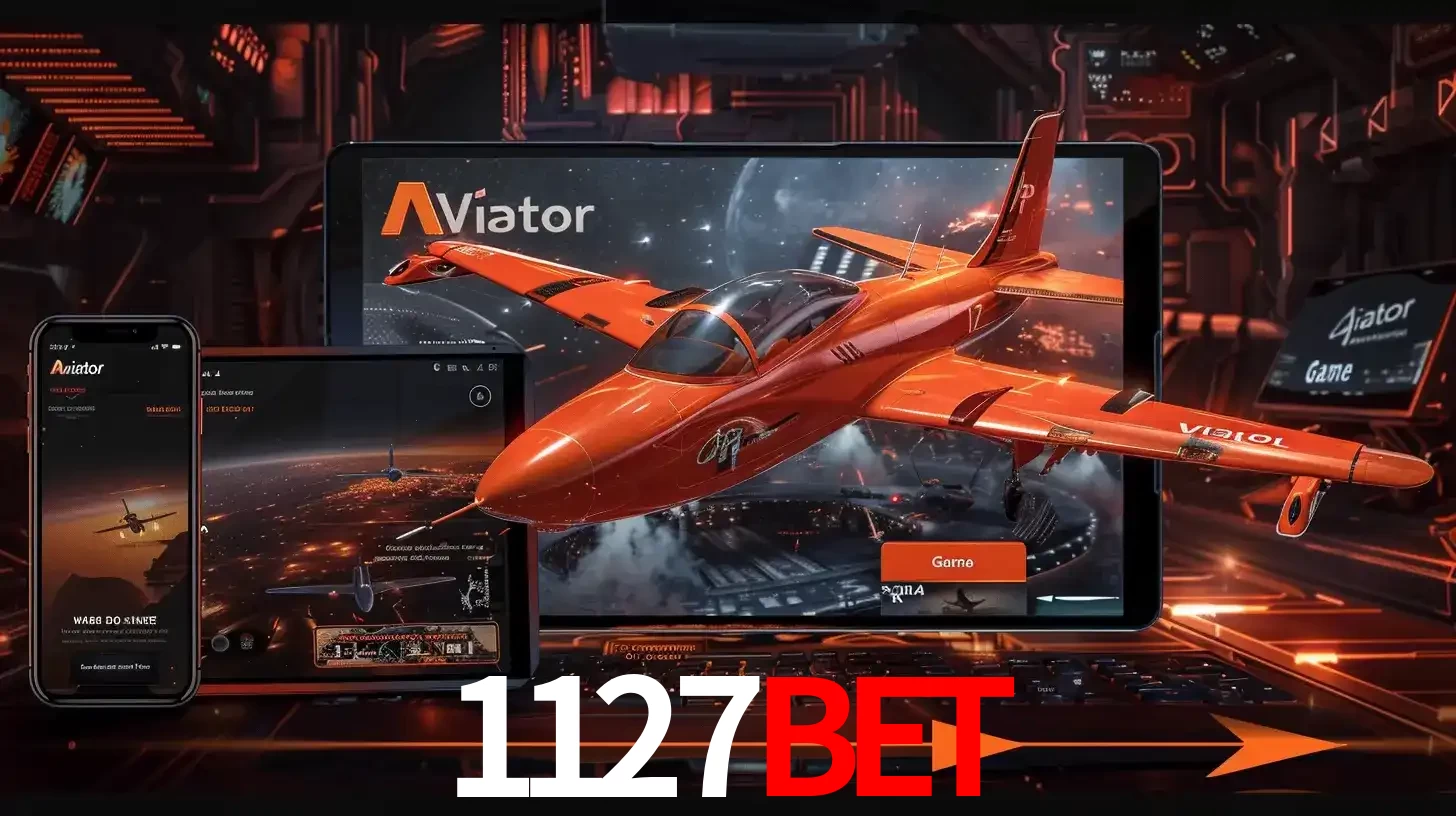 Apresentação tecnológica do jogo Aviator com um avião saindo da tela de um tablet, demonstrando a experiência imersiva em múltiplos dispositivos no 1127BET.