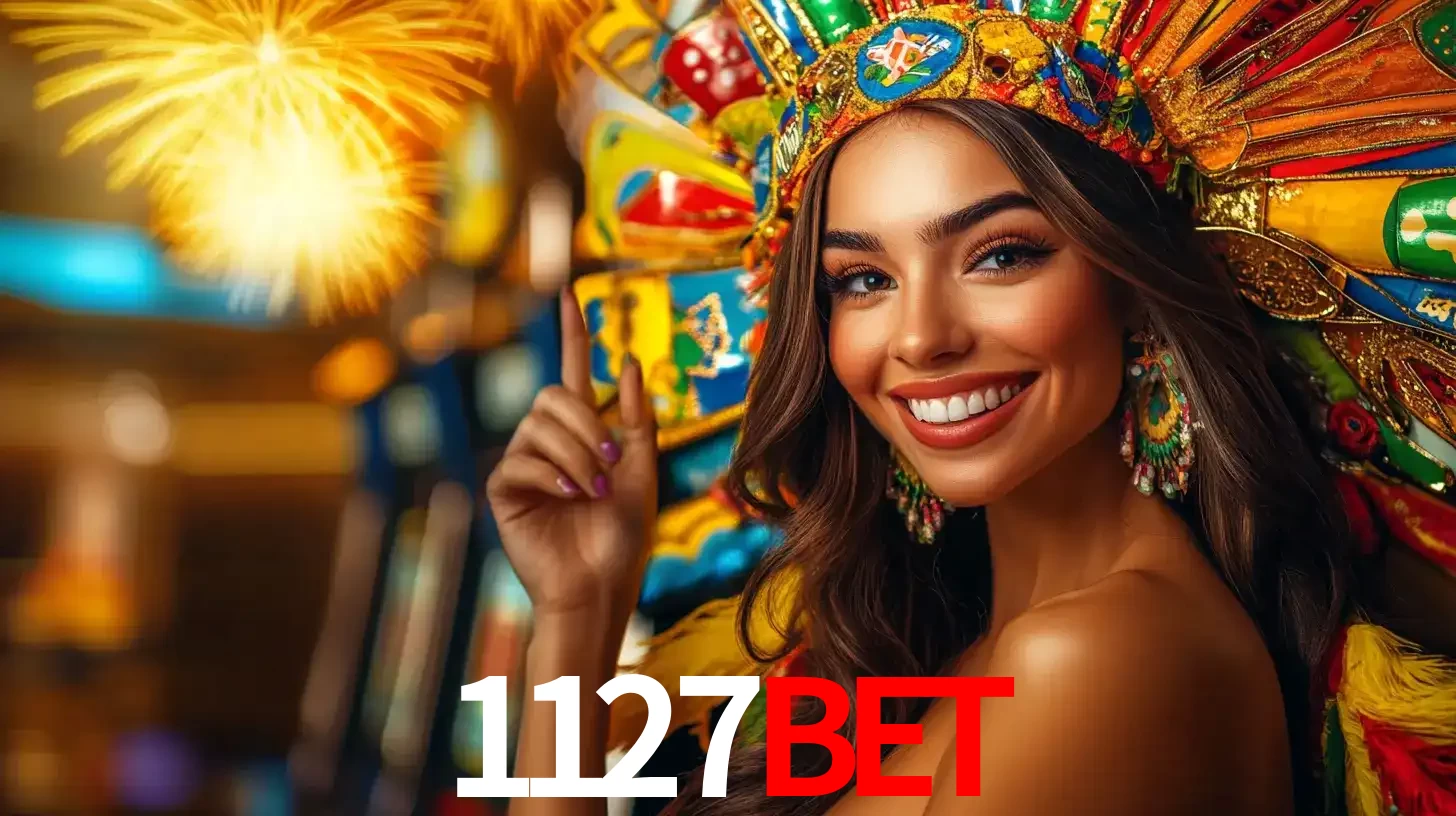 Mulher sorridente com um cocar de carnaval vibrante e colorido, celebrando uma grande vitória nos jogos do cassino 1127BET com fogos de artifício ao fundo.