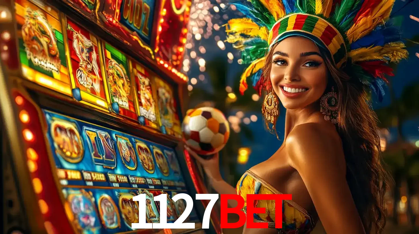 Mulher com um cocar de carnaval ao lado de uma máquina de caça-níqueis enquanto segura uma bola de futebol, mostrando a união da diversão de cassino e esportes no 1127BET.