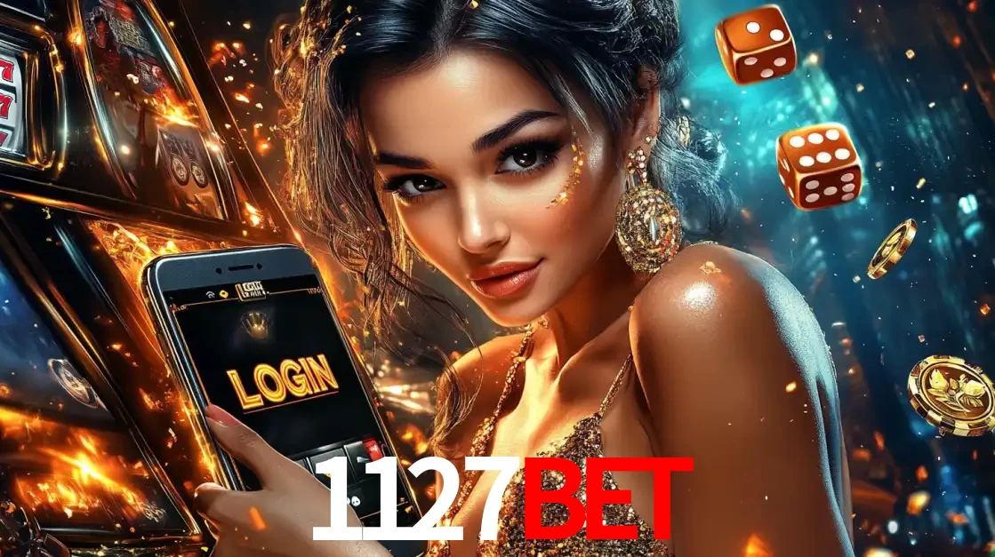 Mulher glamourosa segurando um celular com a tela de login do cassino 1127BET, rodeada por dados e moedas douradas, pronta para começar a diversão.