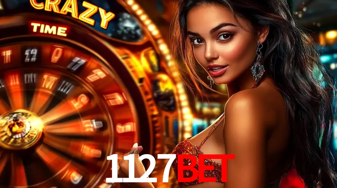 Mulher ao lado da roda de prêmios do jogo de cassino ao vivo Crazy Time, um dos shows de jogos mais emocionantes oferecidos pela plataforma de apostas 1127BET.