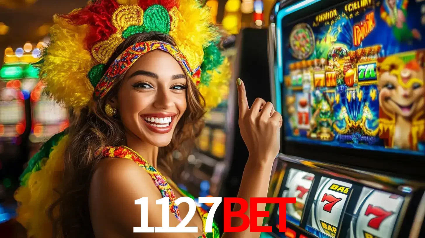 Mulher animada com um cocar de carnaval apontando para uma máquina de caça-níqueis, mostrando a emoção de ganhar um grande prêmio nos jogos do 1127BET.