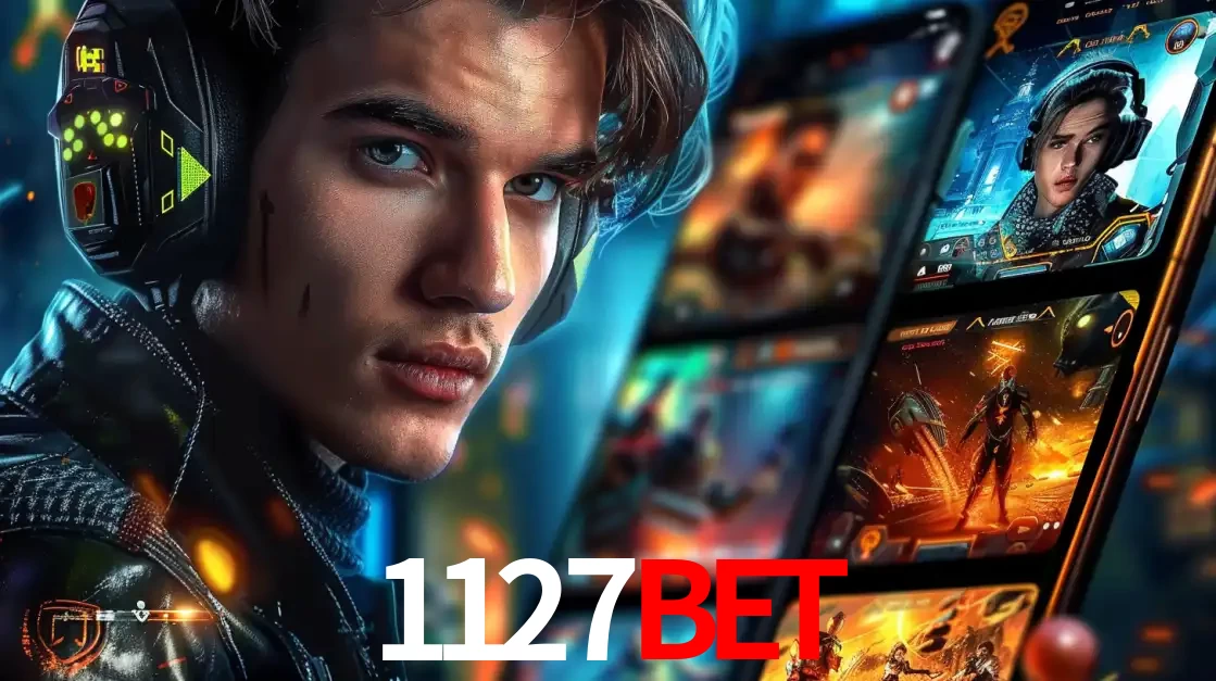 Jovem jogador com fones de ouvido olhando para a câmera, com um aplicativo de jogos e e-sports para celular ao fundo, pronto para a competição e apostas no 1127BET.