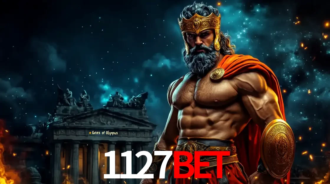 O poderoso Zeus do jogo de slot Gates of Olympus em frente ao seu templo, pronto para lançar multiplicadores divinos e prêmios épicos no cassino online 1127BET.