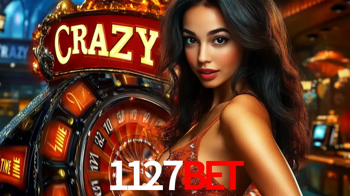 Mulher glamourosa olhando para a câmera com a roda vermelha do Crazy Time ao fundo em um ambiente de cassino, destacando a emoção dos jogos ao vivo no 1127BET.