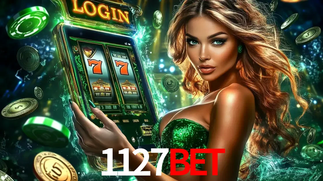 Mulher com tema verde apresentando o aplicativo do cassino 1127BET com um jogo de slot de 777, cercada por fichas de cassino e uma aura de sorte.