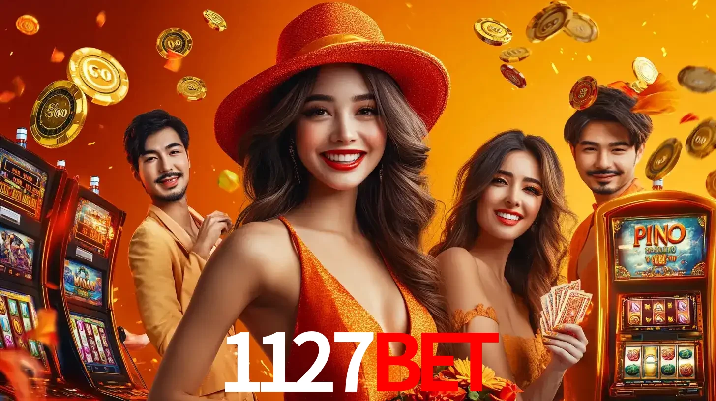 Grupo de amigos asiáticos sorrindo e se divertindo com máquinas de caça-níqueis em um ambiente festivo, celebrando suas vitórias nos jogos de cassino do 1127BET.