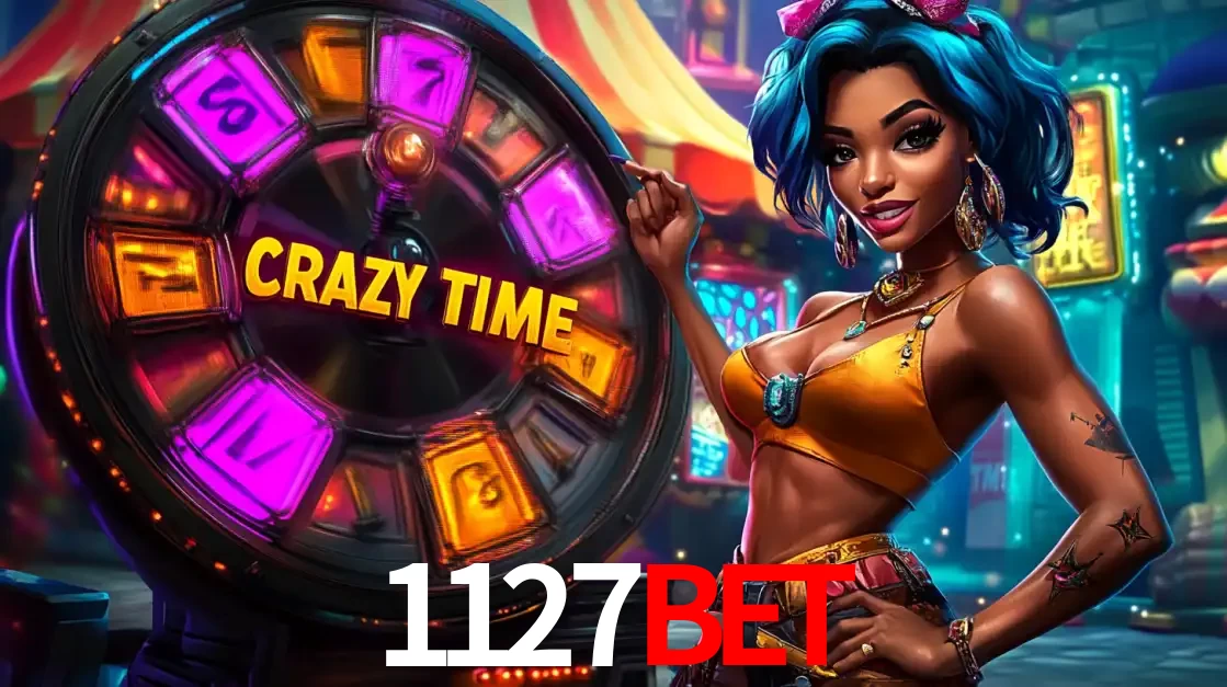 Mulher estilizada com cabelo azul e visual vibrante posando ao lado da roda de prêmios do game show Crazy Time, convidando para a diversão e os bônus do cassino 1127BET.