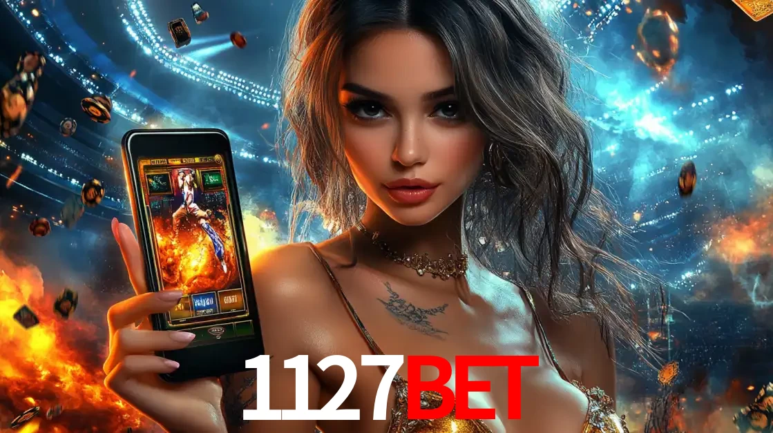 Mulher segurando um celular com um jogo de slot em destaque, tendo como fundo um estádio vibrante, simbolizando a emoção de jogar no cassino móvel 1127BET.